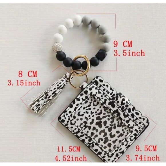 Brown Cow Print ID Card Holder With Tassel & Beaded Keychain Bracelet Wristlet W - Picture 3 of 3